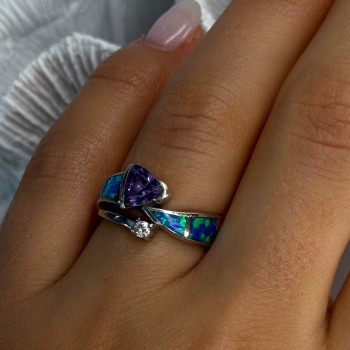 925 Sterling Silver Amethyst & Beryl & Opal Ring Size 7