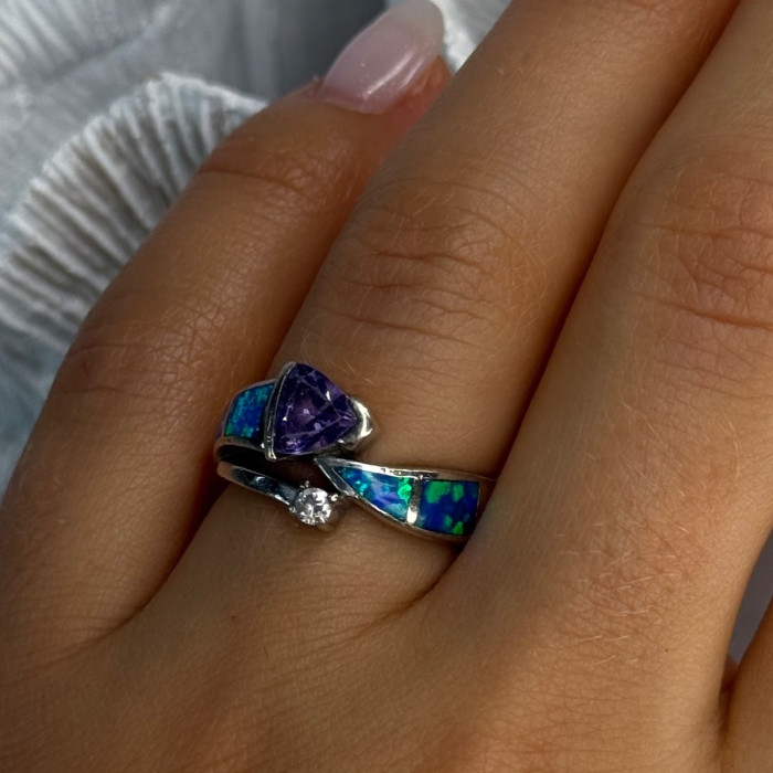 925 Sterling Silver Amethyst & Beryl & Opal Ring Size 7