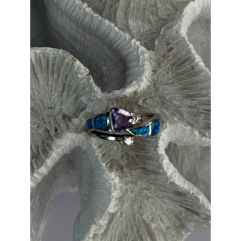 925 Sterling Silver Amethyst & Beryl & Opal Ring Size 7