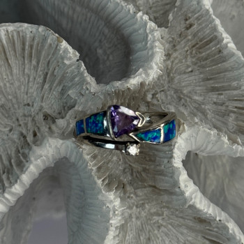 925 Sterling Silver Amethyst & Beryl & Opal Ring Size 7
