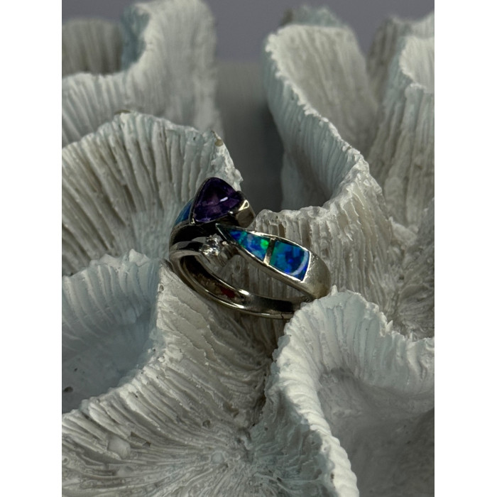 925 Sterling Silver Amethyst & Beryl & Opal Ring Size 7