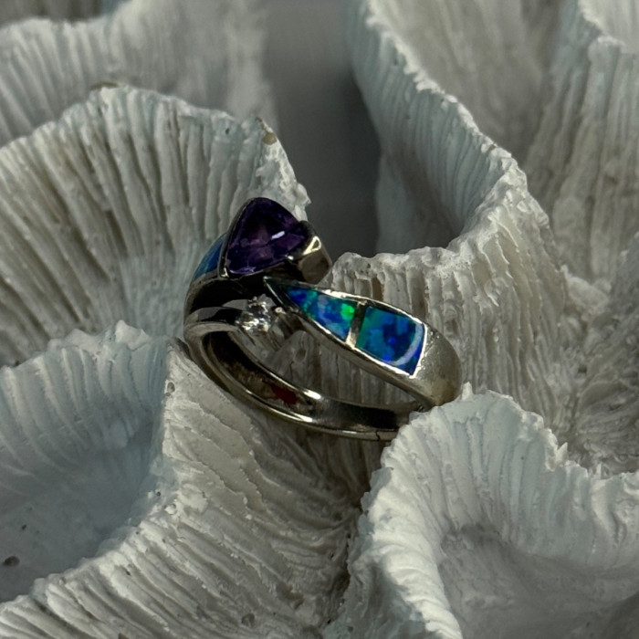 925 Sterling Silver Amethyst & Beryl & Opal Ring Size 7