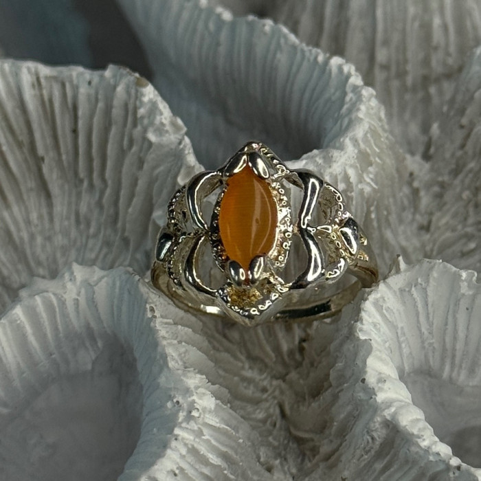 925 Sterling Silver Orange Agate Ring Size 6.5