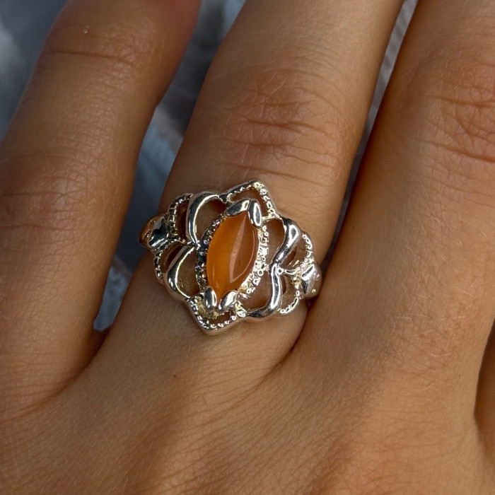 925 Sterling Silver Orange Agate Ring Size 6.5
