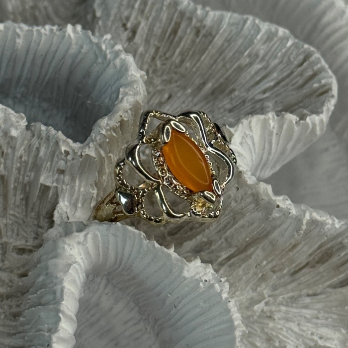 925 Sterling Silver Orange Agate Ring Size 6.5