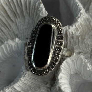 Vintage 925 Sterling Silver Onyx & Marcasite Ring Size 6.5