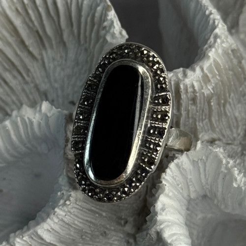 Vintage 925 Sterling Silver Onyx & Marcasite Ring Size 6.5