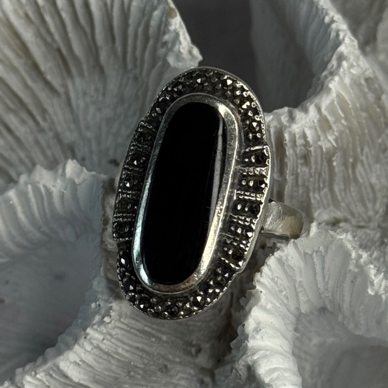 Vintage 925 Sterling Silver Onyx & Marcasite Ring Size 6.5