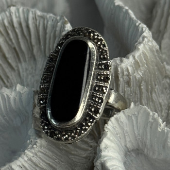 Vintage 925 Sterling Silver Onyx & Marcasite Ring Size 6.5
