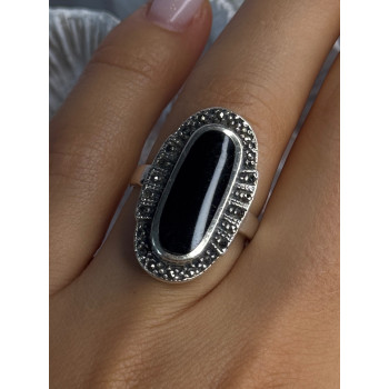 Vintage 925 Sterling Silver Onyx & Marcasite Ring Size 6.5