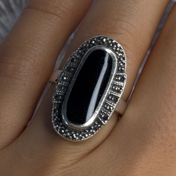 Vintage 925 Sterling Silver Onyx & Marcasite Ring Size 6.5