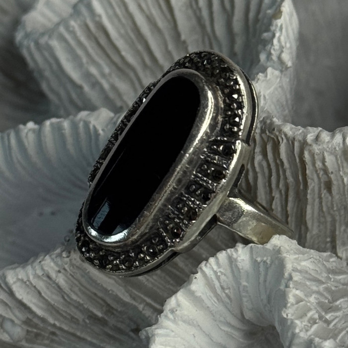 Vintage 925 Sterling Silver Onyx & Marcasite Ring Size 6.5