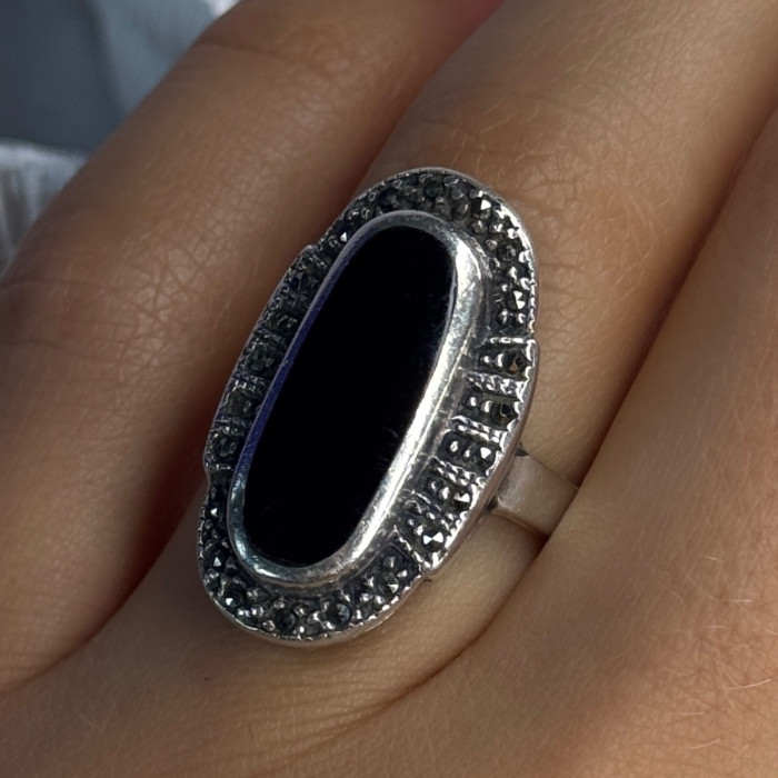 Vintage 925 Sterling Silver Onyx & Marcasite Ring Size 6.5