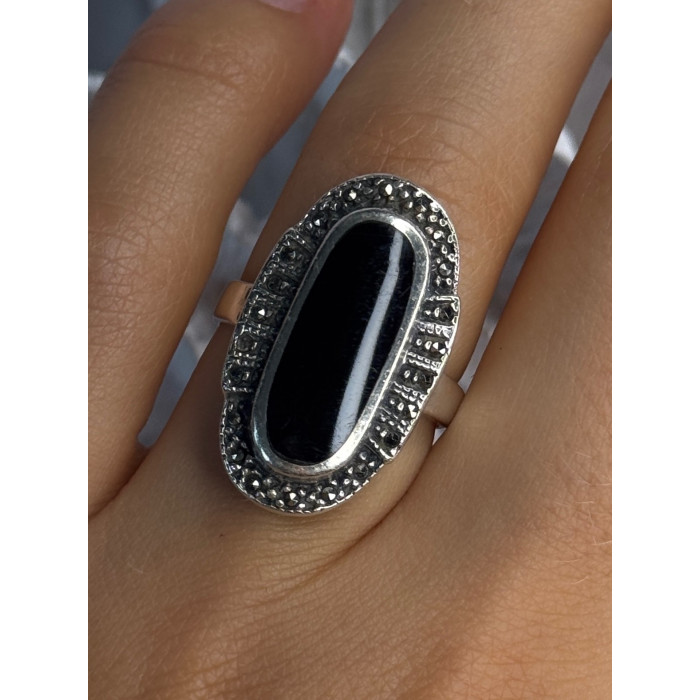 Vintage 925 Sterling Silver Onyx & Marcasite Ring Size 6.5