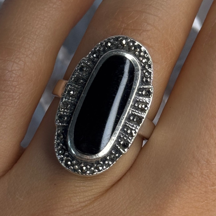 Vintage 925 Sterling Silver Onyx & Marcasite Ring Size 6.5