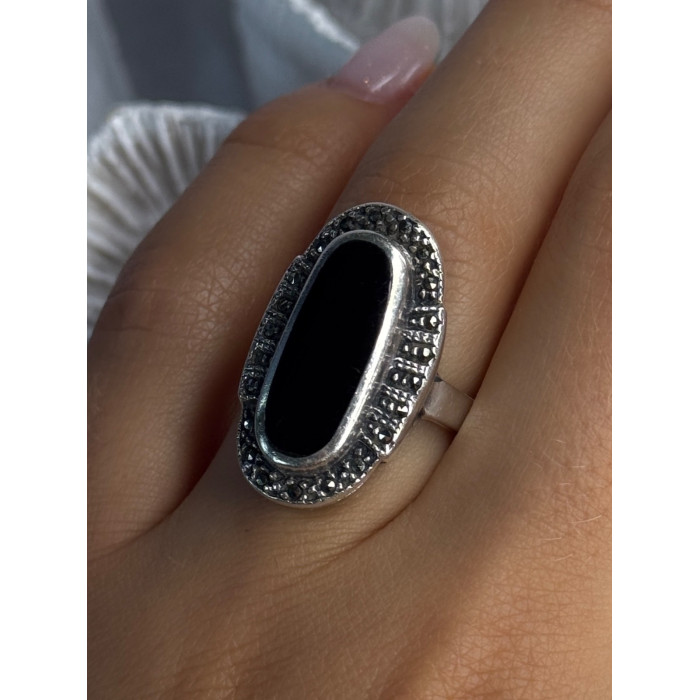 Vintage 925 Sterling Silver Onyx & Marcasite Ring Size 6.5
