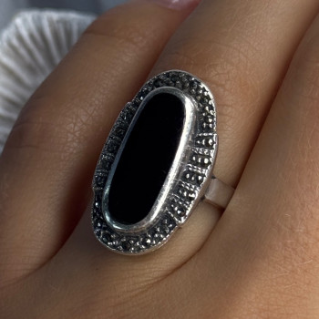 Vintage 925 Sterling Silver Onyx & Marcasite Ring Size 6.5
