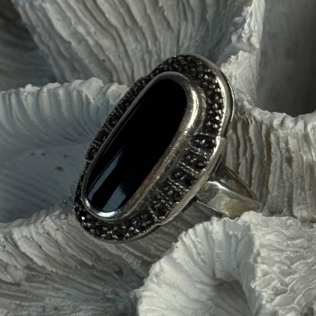 Vintage 925 Sterling Silver Onyx & Marcasite Ring Size 6.5