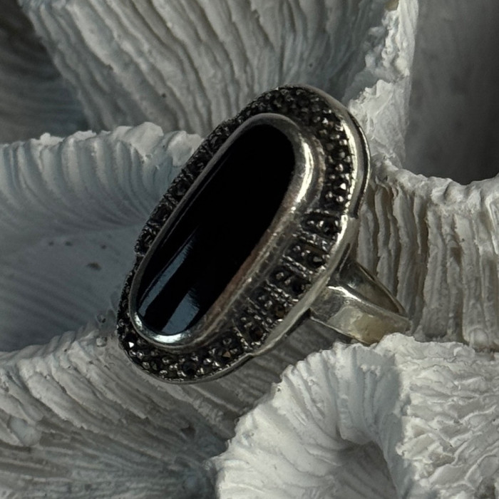 Vintage 925 Sterling Silver Onyx & Marcasite Ring Size 6.5