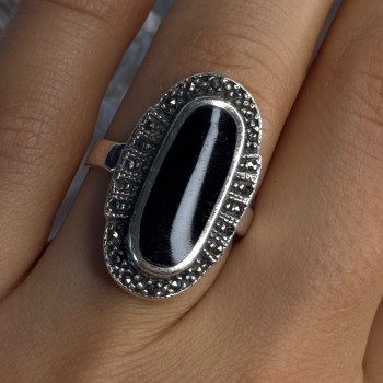 Vintage 925 Sterling Silver Onyx & Marcasite Ring Size 6.5