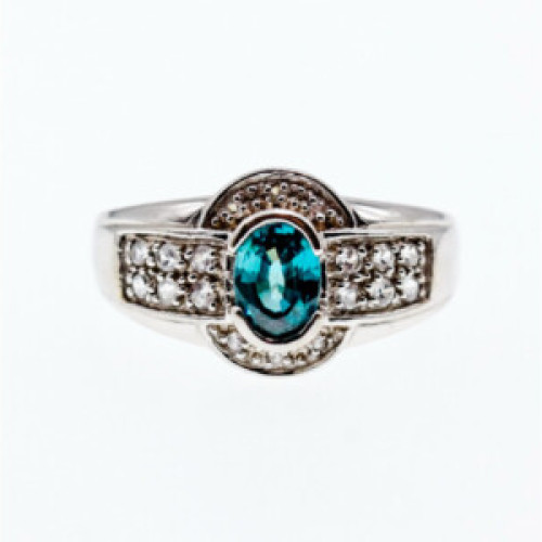925 Sterling Silver Aquamarine & White Beryl Ring Size 14.25