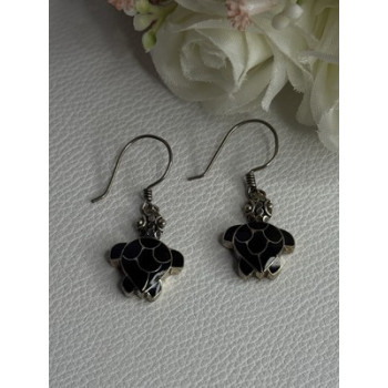 925 Sterling Silver Turtle Black Onyx Earrings Length 1.35 Inch