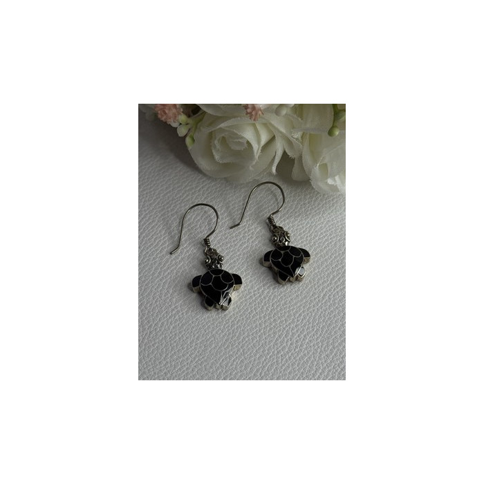 925 Sterling Silver Turtle Black Onyx Earrings Length 1.35 Inch