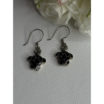925 Sterling Silver Turtle Black Onyx Earrings Length 1.35 Inch