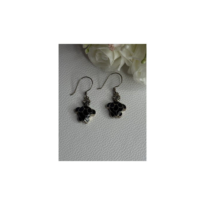 925 Sterling Silver Turtle Black Onyx Earrings Length 1.35 Inch
