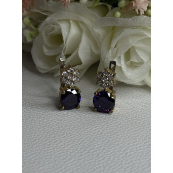 925 Sterling Silver Purple Crystal & CZ Earrings Length 0.70 Inch