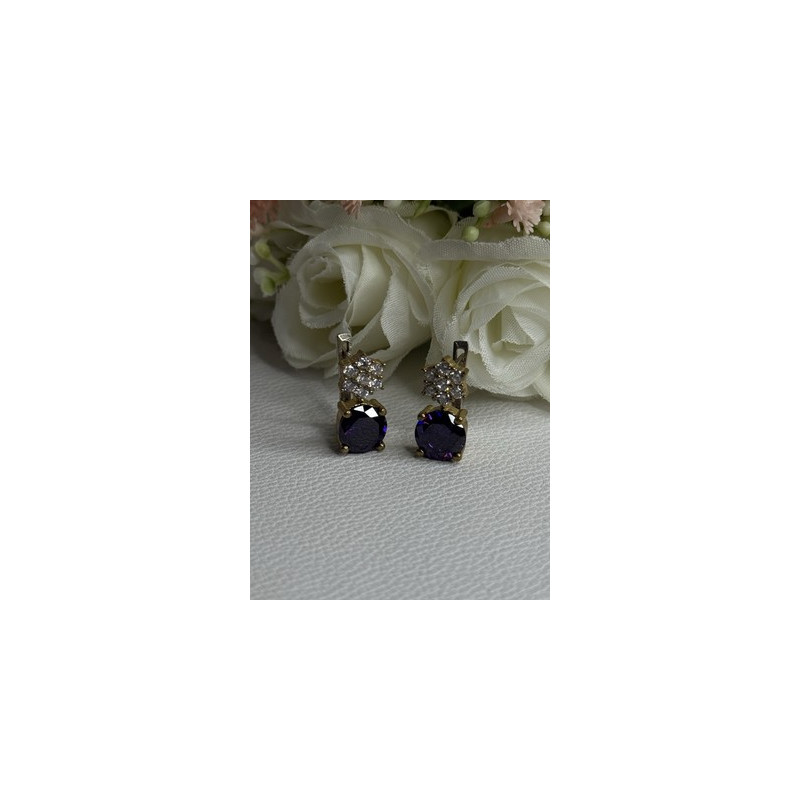 925 Sterling Silver Purple Crystal & CZ Earrings Length 0.70 Inch