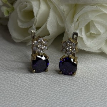 925 Sterling Silver Purple Crystal & CZ Earrings Length 0.70 Inch