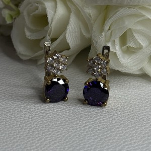 925 Sterling Silver Purple Crystal & CZ Earrings Length 0.70 Inch