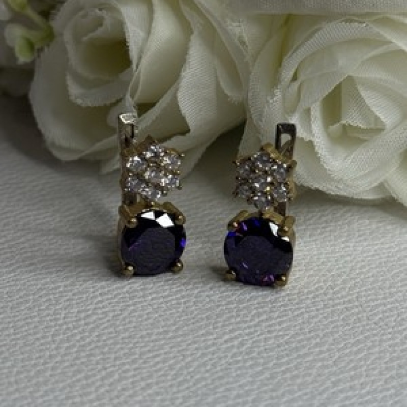 925 Sterling Silver Purple Crystal & CZ Earrings Length 0.70 Inch