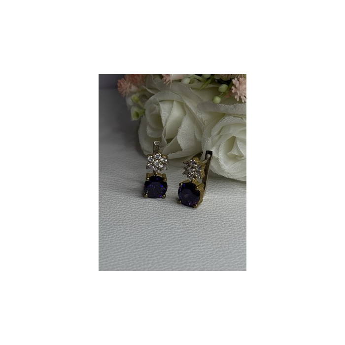 925 Sterling Silver Purple Crystal & CZ Earrings Length 0.70 Inch