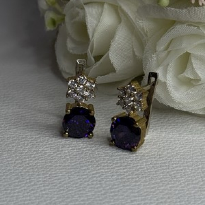 925 Sterling Silver Purple Crystal & CZ Earrings Length 0.70 Inch