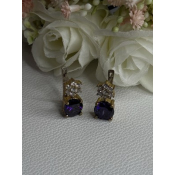 925 Sterling Silver Purple Crystal & CZ Earrings Length 0.70 Inch