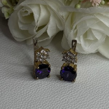 925 Sterling Silver Purple Crystal & CZ Earrings Length 0.70 Inch