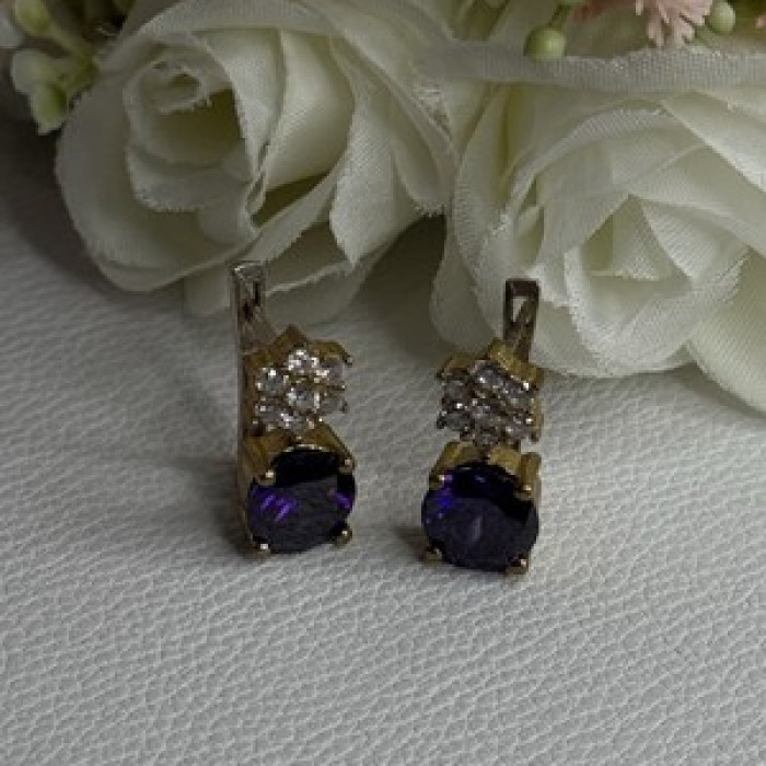 925 Sterling Silver Purple Crystal & CZ Earrings Length 0.70 Inch