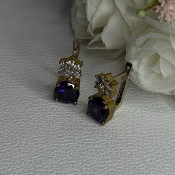 925 Sterling Silver Purple Crystal & CZ Earrings Length 0.70 Inch