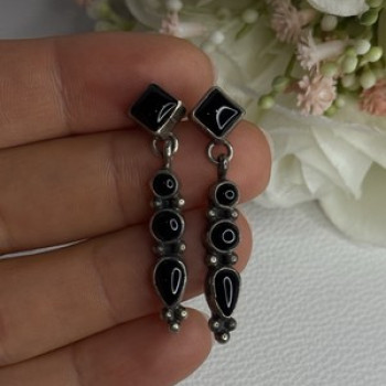 Vintage Jeneva J.A. 925 Sterling Silver Black Onyx Earrings Length 1.60 Inch