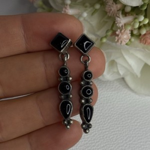 Vintage Jeneva J.A. 925 Sterling Silver Black Onyx Earrings Length 1.60 Inch