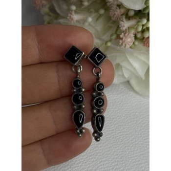 Vintage Jeneva J.a. 925 Sterling Silver Black Onyx Earrings Length 1.60 Inch