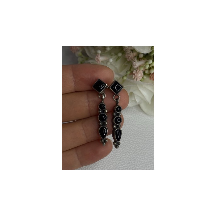 Vintage Jeneva J.a. 925 Sterling Silver Black Onyx Earrings Length 1.60 Inch
