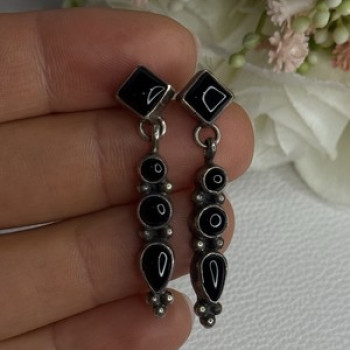 Vintage Jeneva J.A. 925 Sterling Silver Black Onyx Earrings Length 1.60 Inch
