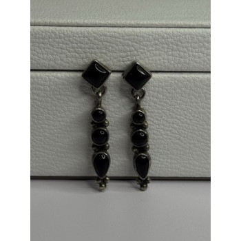 Vintage Jeneva J.a. 925 Sterling Silver Black Onyx Earrings Length 1.60 Inch