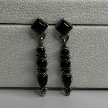 Vintage Jeneva J.A. 925 Sterling Silver Black Onyx Earrings Length 1.60 Inch