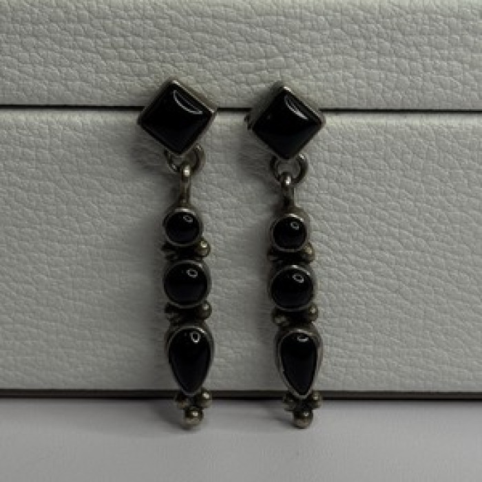 Vintage Jeneva J.A. 925 Sterling Silver Black Onyx Earrings Length 1.60 Inch
