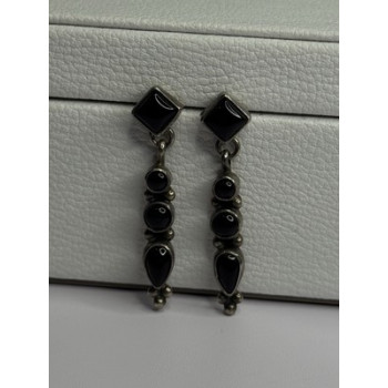 Vintage Jeneva J.a. 925 Sterling Silver Black Onyx Earrings Length 1.60 Inch