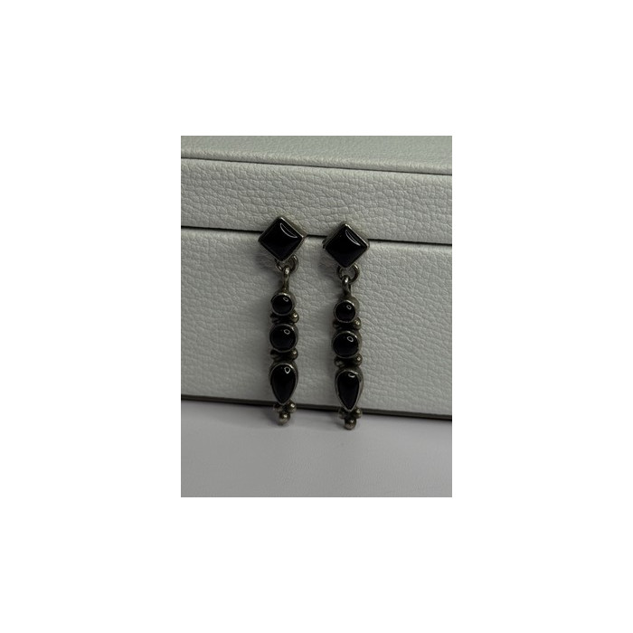 Vintage Jeneva J.a. 925 Sterling Silver Black Onyx Earrings Length 1.60 Inch